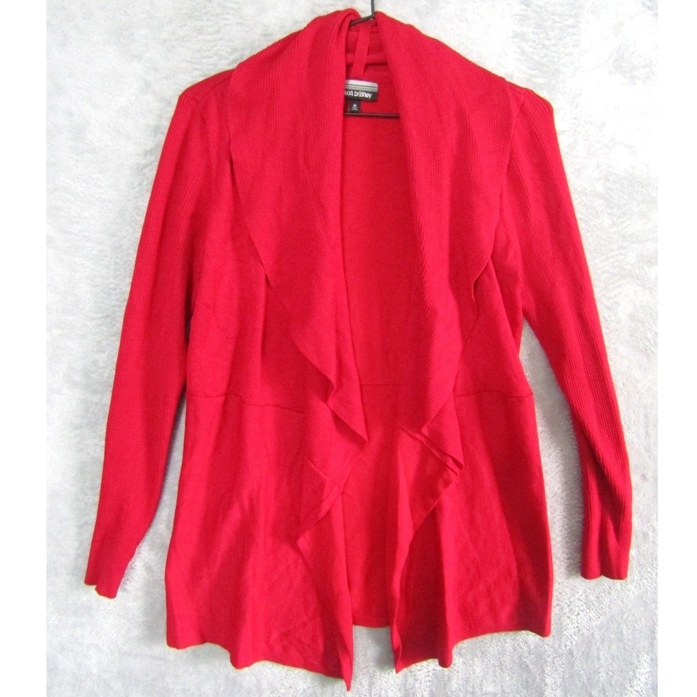 Allison Brittney Red Open Front Waterfall Cardigan Sweater Womens Medium Ribbed